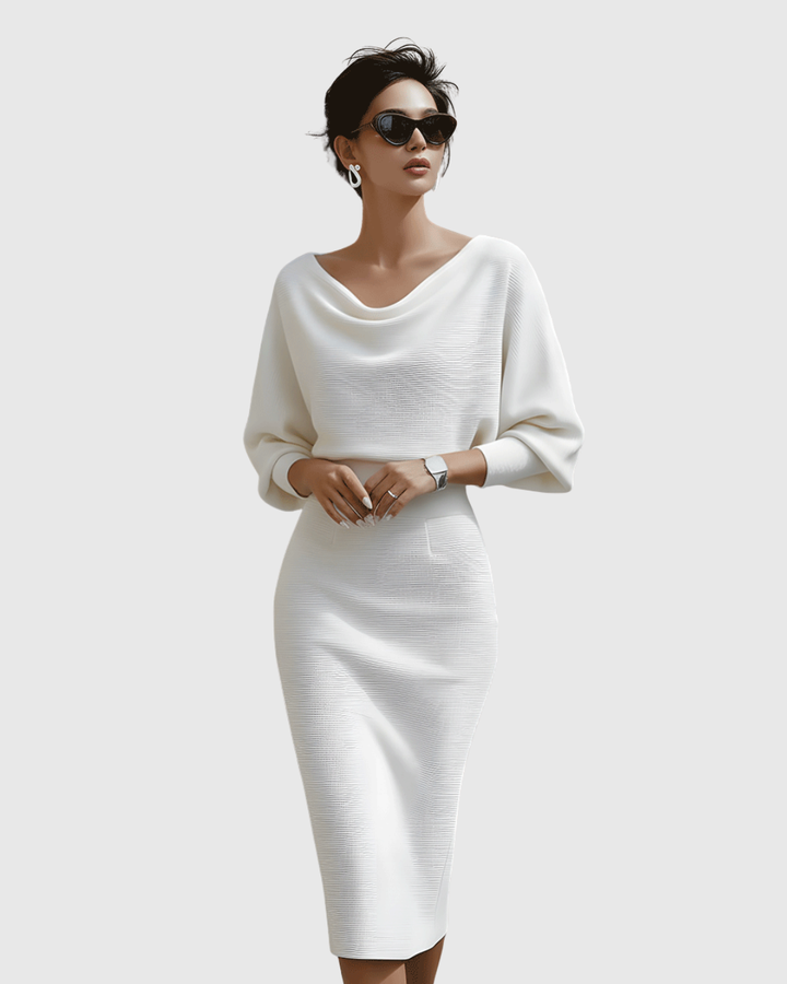 ISMÉRIA | WHITE DRAPED BATWING MIDI DRESS