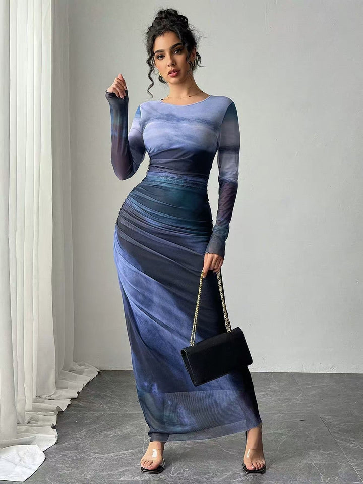 Toria™ - Comfy Printed Long Sleeve Round Neck Bodycon Maxi Dress