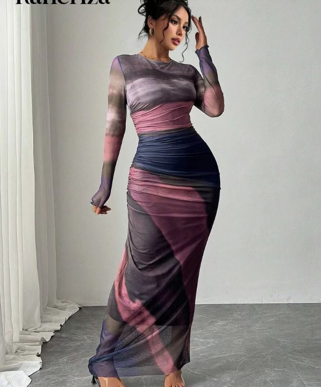 Toria™ - Comfy Printed Long Sleeve Round Neck Bodycon Maxi Dress