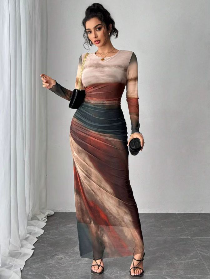 Toria™ - Comfy Printed Long Sleeve Round Neck Bodycon Maxi Dress