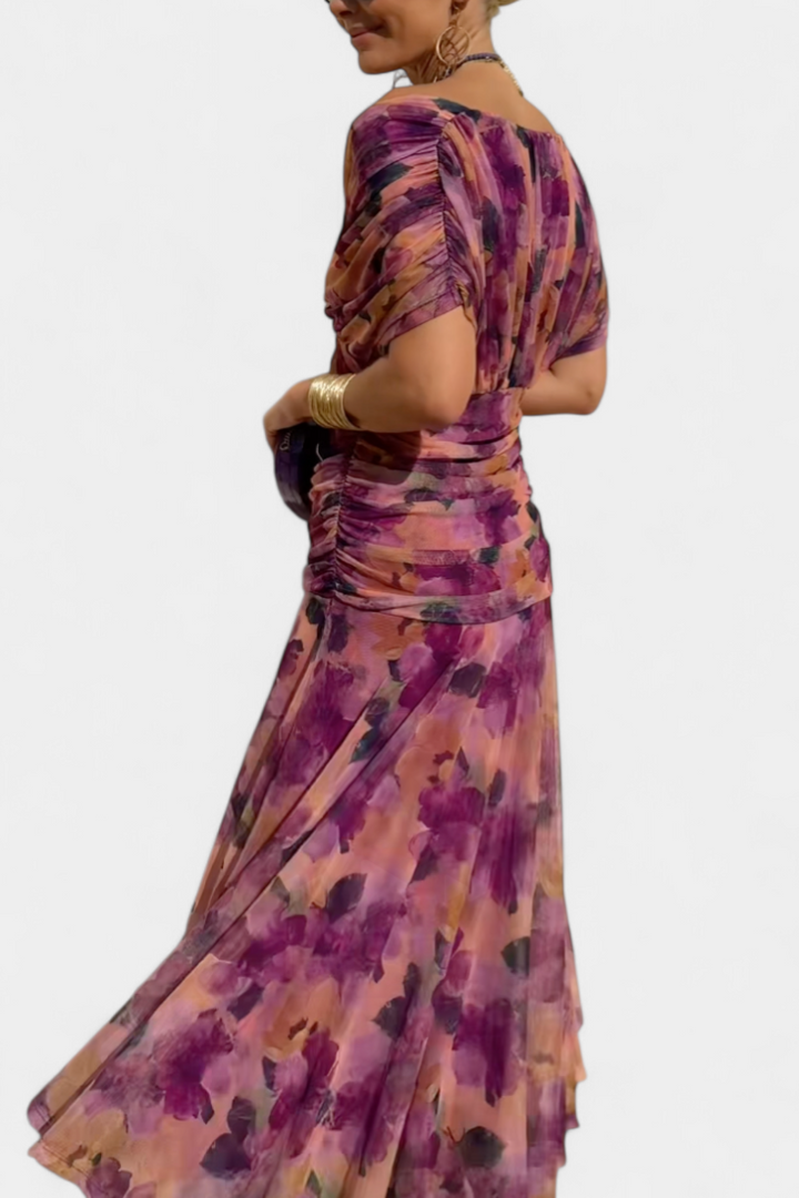 Flora™ - Long Floral V Neck Dress