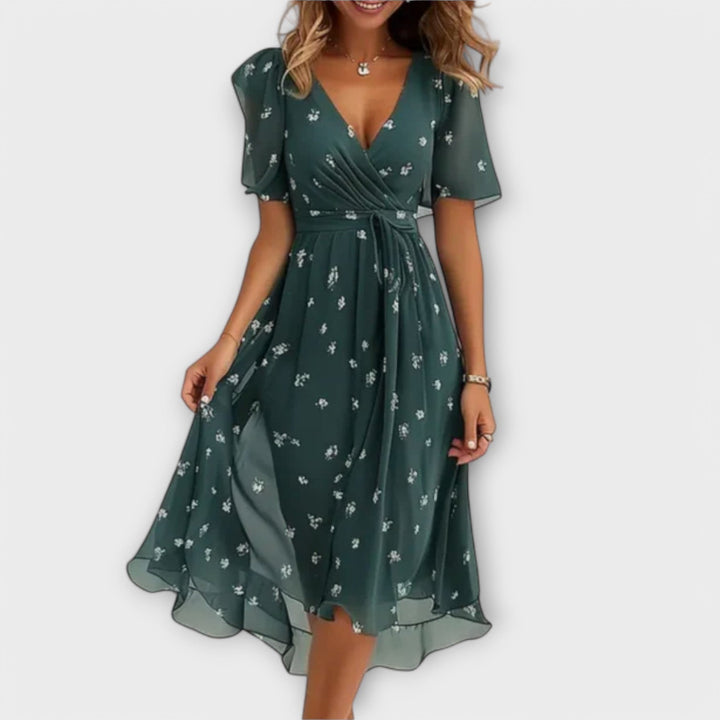 ISOIDE™ - FLORAL V-NECK WRAP MIDI DRESS