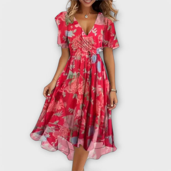 ISOIDE™ - FLORAL V-NECK WRAP MIDI DRESS