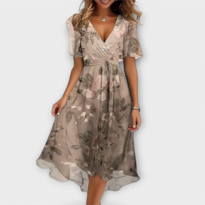 ISOIDE™ - FLORAL V-NECK WRAP MIDI DRESS